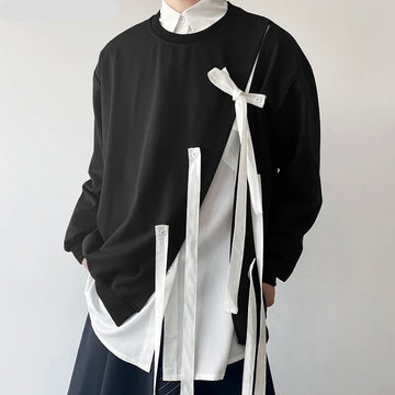 AIDASE  -  Tops Korean Style Fashion Men O-neck Bow Ribbon Design Sweater Casual Streetwear Solid Long Sleeved Pullovers S-3XL aidase-shop